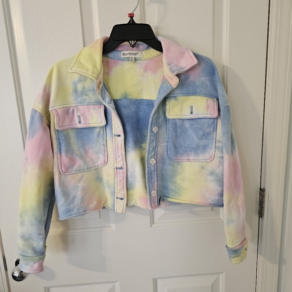 Blank NYC Jacket Yellow Pink Blue Tye Die Trucker Knit Crop Womens Size S - Picture 1 of 5